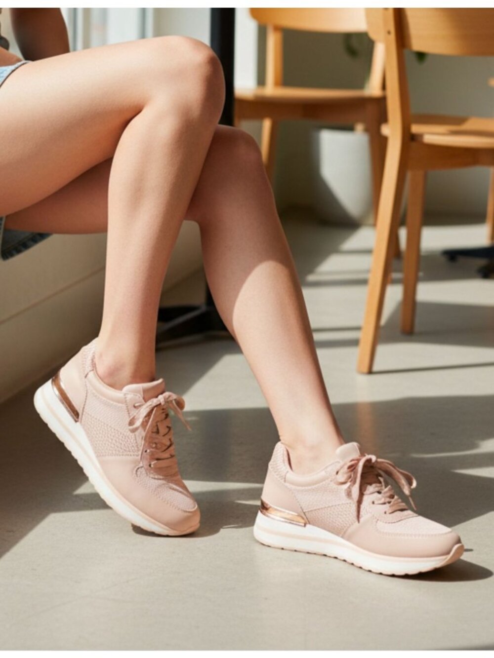 Blush Pink Womens Sneakers With Mesh Paneling & Gold Heel Accent - Picture 8 of 14